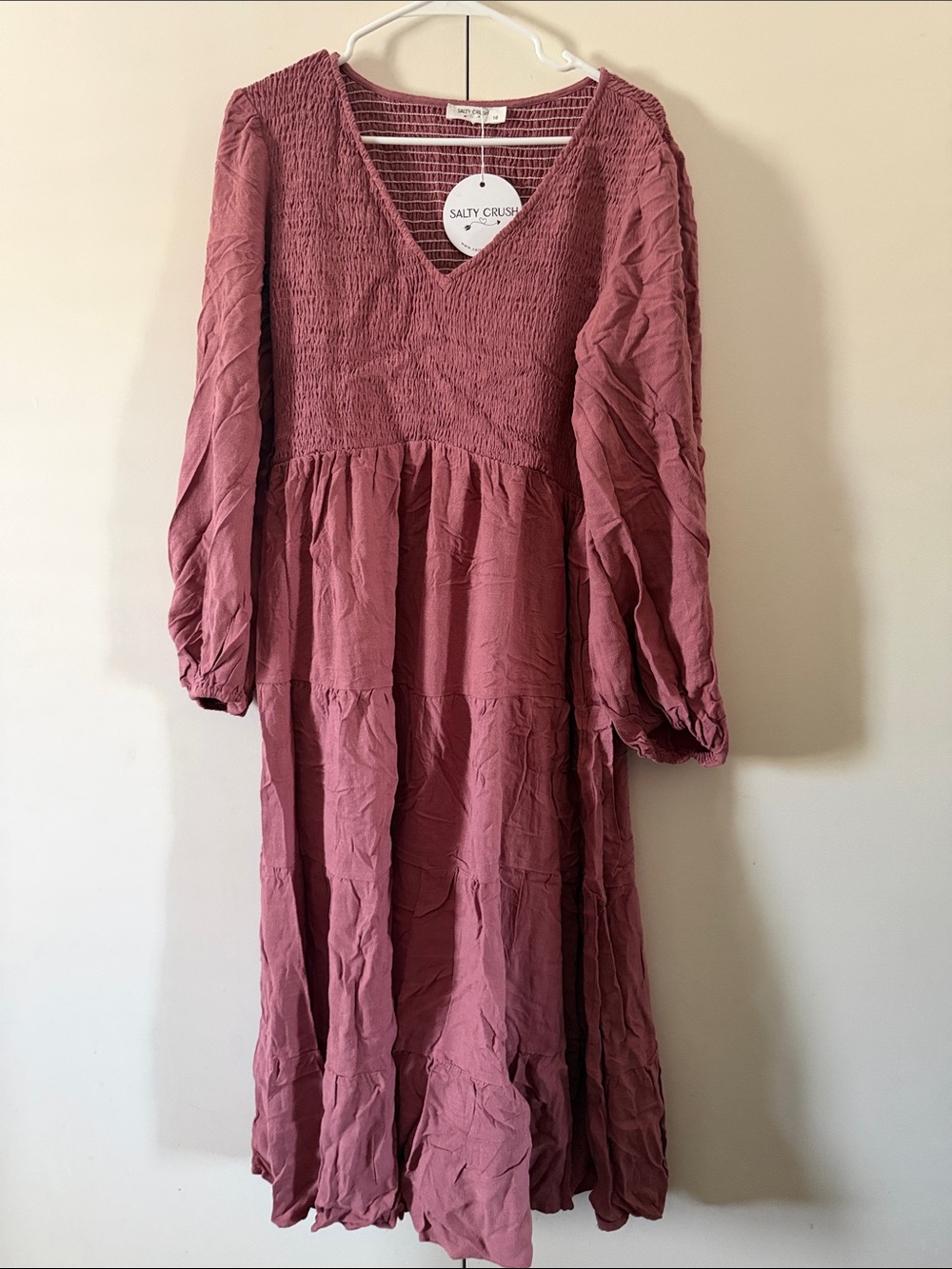Salty Crush Mauve Smocked V-Neck Midi Dress
